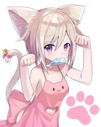 Rule 34 | 1girl, :3, animal ears, apron, bell, blush, brown hair, cat ears, cat girl, cat tail, clenched hands, clothing cutout, cona kinaco, fish, hair between eyes, heart, heart cutout, heart in eye, highres, jingle bell, looking at viewer, mouth hold, naked apron, navel, original, paw pose, paw print, pink apron, purple eyes, solo, symbol in eye, tail, tail bell, tail ornament, white background