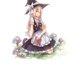 Rule 34 | 1girl, apron, blonde hair, blouse, book, bow, grass, hat, hat bow, holding, kaneblob, kirisame marisa, kneeling, long hair, looking at viewer, md5 mismatch, mushroom, open mouth, resized, shirt, simple background, solo, touhou, white background, witch hat, yellow eyes