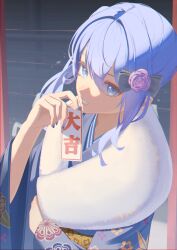 Rule 34 | absurdres, adapted costume, blue eyes, blue hair, blue kimono, blue nails, double-parted bangs, ecli xx, floral print, fur scarf, grin, hair between eyes, highres, hololive, hoshimachi suisei, hoshimachi suisei (new year), japanese clothes, kimono, long hair, nail polish, omikuji, print kimono, smile, star (symbol), star in eye, symbol in eye, upper body, virtual youtuber