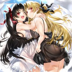 Rule 34 | 2girls, ;d, ass, bare arms, bare shoulders, black bow, black dress, black hair, black ribbon, blonde hair, blush, bow, breasts, closed mouth, cowboy shot, crescent, crescent earrings, curtains, dress, earrings, ereshkigal (fate), fate/grand order, fate (series), hair bow, highres, hug, indoors, ishtar (fate), jewelry, kou mashiro, long hair, looking at viewer, medium breasts, multiple girls, one eye closed, open mouth, open window, parted bangs, red bow, red eyes, ribbon, siblings, sideboob, sisters, sleeveless, sleeveless dress, smile, thighs, two side up, very long hair, white dress, window