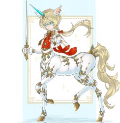 Rule 34 | 1girl, animal ears, blonde hair, blue background, blue eyes, bow, braid, bright pupils, centaur, closed mouth, colored eyelashes, colored sclera, doll joints, ear piercing, floating hair, full body, hair between eyes, hair bow, hands up, highres, holding, holding sword, holding weapon, hooves, horns, horse ears, horse tail, joints, long hair, looking at viewer, low ponytail, monster girl, multicolored background, neck ribbon, original, piercing, red bow, ribbon, sabuneko2645, single horn, smile, solo, sparkle, sword, tail, taur, twitter username, unicorn girl, walking, weapon, white background, wrist cuffs, yellow ribbon, yellow sclera