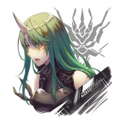 Rule 34 | 1girl, arknights, armband, armor, artist name, bigchun, black shirt, blood, blood on face, breastplate, character name, chinese commentary, cuts, dated, eyes visible through hair, great lungmen logo, hair between eyes, horns, hoshiguma (arknights), injury, long hair, open mouth, shield, shirt, simple background, single horn, skin-covered horns, sleeveless, sleeveless shirt, solo, straight hair, teeth, turtleneck, upper body, white background, yellow eyes