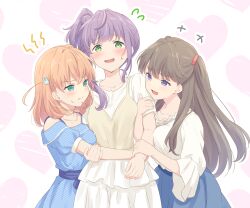 Rule 34 | +++, 3girls, aqua eyes, blue dress, blue ribbon, blue skirt, blush, breast press, brown hair, collarbone, commentary request, dress, eye contact, flying sweatdrops, frilled dress, frills, fujishima megumi, girl sandwich, green eyes, hair ornament, hair tie, hands on another&#039;s arm, heart, heart background, high side ponytail, highres, hinoshita kaho, light blush, link! like! love live!, lone nape hair, long hair, looking at another, love live!, love triangle, medium hair, multiple girls, nervous smile, off-shoulder dress, off shoulder, orange hair, otomune kozue, purple eyes, purple hair, rabbit hair ornament, ribbon, sandwiched, shirt, short hair, shout lines, sidelocks, skirt, smile, striped clothes, striped dress, twintails, very long hair, white dress, white shirt, yuri, yutuki ame