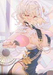 Rule 34 | 1girl, azur lane, blush, breast curtains, breasts, china dress, chinese clothes, commentary request, curtains, dress, flower, garter straps, gloves, hair flower, hair ornament, half gloves, hand fan, hands on own breasts, highres, hxxg, indoors, large breasts, looking at viewer, neckwear between breasts, open mouth, orange eyes, pale skin, pelvic curtain, revealing clothes, short hair, sirius (azur lane), sirius (azure horizons) (azur lane), solo, sweat, underboob, white gloves, white hair, window
