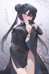 Rule 34 | 1girl, artist name, black dress, black gloves, black hair, black jacket, blue archive, blue eyes, breasts, butterfly hair ornament, cherry blossoms, china dress, chinese clothes, closed mouth, commentary request, covered navel, double bun, dragon print, dress, gloves, hair between eyes, hair bun, hair ornament, halo, hand on own hip, jacket, kisaki (blue archive), long hair, looking at viewer, mujinbensin, patreon username, print dress, small breasts, solo, thighs
