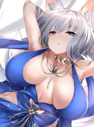 Rule 34 | 1girl, animal ears, arms behind head, azur lane, bare shoulders, blue dress, blue eyes, breasts, breasts apart, cleavage, commentary request, dress, eyeliner, fox ears, fox girl, fox tail, jewelry, kaga (azur lane), kitsune, kyuubi, large breasts, long hair, makeup, multiple tails, mutou mame, necklace, parted lips, silver hair, tail