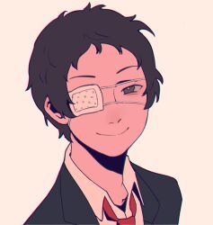 Rule 34 | 1boy, adachi tooru, black hair, bright pupils, brown eyes, closed mouth, eyepatch, formal, half-closed eyes, highres, jacket, looking at viewer, male focus, medical eyepatch, necktie, persona, persona 4, red necktie, shirt, short hair, simple background, smile, solo, suit, tedty33, white pupils, white shirt