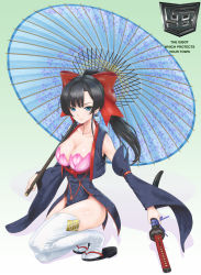 Rule 34 | 1girl, black hair, blue eyes, body blush, bow, breasts, cleavage, detached sleeves, earrings, hair bow, highres, jewelry, large breasts, light smile, looking at viewer, oil-paper umbrella, on one knee, original, parasol, ponytail, rasukaru, sandals, sheath, sheathed, smile, solo, squatting, sword, thighhighs, umbrella, weapon, white thighhighs