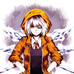Rule 34 | 1girl, alternate costume, bad id, bad pixiv id, circled 9, cirno, contemporary, eyepatch, grin, hal360, hands in pockets, hood, hooded jacket, jacket, sleeves pushed up, sleeves rolled up, smile, solo, touhou