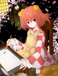 Rule 34 | 1girl, absurdres, apron, bell, calligraphy brush, checkered clothes, checkered shirt, cherry blossoms, clothes writing, cup, feathers, female focus, gavrof, hair bell, hair ornament, highres, jingle bell, long sleeves, looking at viewer, moon, motoori kosuzu, musical note, paintbrush, pen, pencil, petals, red eyes, red hair, shirt, short hair, smile, solo, touhou, twintails, two side up, wide sleeves, writing