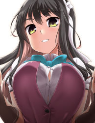 Rule 34 | 1girl, against fourth wall, black hair, blush, bow, bowtie, breast press, breasts, cleavage, cleavage cutout, clothing cutout, collared shirt, commentary request, gloves, grin, hair between eyes, hair ribbon, headband, highres, kantai collection, large breasts, long hair, looking at viewer, multicolored hair, naganami (kancolle), open mouth, pink hair, ribbon, shirt, short sleeves, simple background, smile, solo, teeth, two-tone hair, upper body, white background, white shirt, yellow eyes, yoshi tama
