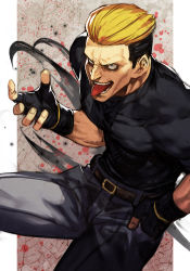 Rule 34 | 1boy, abs, angry, ankle wrap, bandaged hand, bandaged leg, bandages, black gloves, black hair, black pants, black shirt, blonde hair, blood, blue eyes, evil grin, evil smile, fatal fury, fingerless gloves, gloves, grin, headband, hungry clicker, male focus, multicolored hair, muscular, open hand, open mouth, pants, shirt, shorts, smile, snk, solo, splatter, teeth, the king of fighters, tight clothes, tight shirt, tongue, two-tone hair, yamazaki ryuuji