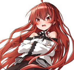 Rule 34 | 1girl, ahoge, bare shoulders, commentary request, crossed arms, eris greyrat, highres, long hair, long sleeves, looking at viewer, mushoku tensei, off-shoulder shirt, off shoulder, open mouth, red eyes, red hair, shirt, simple background, solo, takanashi kei (hitsujikan), very long hair, white background