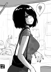 Rule 34 | 1girl, 1other, absurdres, aliasing, annoyed, artist name, bag, bare arms, belt, bob cut, commentary, desyana laurentia, english commentary, from side, glasses, greyscale, hair over one eye, handbag, helmet, highres, jewelry, looking at viewer, looking to the side, mole, mole under eye, monochrome, moped, motor vehicle, motorcycle helmet, norman maggot, original, outdoors, pendant, rain, shirt, short hair, short sleeves, solo focus, spoken squiggle, squiggle, standing, wet
