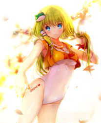 Rule 34 | 1girl, blonde hair, blue eyes, breasts, character name, female focus, frog hair ornament, green hair, hair ornament, hair tubes, heco (mama), highres, jewelry, kochiya sanae, long hair, medium breasts, necklace, one-piece swimsuit, solo, swimsuit, touhou