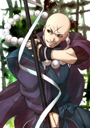 Rule 34 | 1boy, bald, beads, blue eyes, canal001, cross scar, fate/grand order, fate (series), gloves, holding, houzouin inshun (fate), looking to the side, male focus, monk, plant, polearm, prayer beads, scar, smile, smirk, solo, spear, weapon
