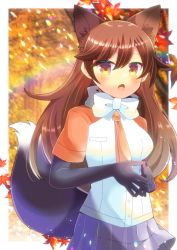 Rule 34 | 1girl, :o, animal ear fluff, animal ears, autumn leaves, black gloves, blurry, blurry background, blush, bow, breasts, brown hair, commentary request, commission, depth of field, elbow gloves, fang, fox ears, fox girl, fox tail, gloves, hair between eyes, kemono friends, kou hiyoyo, leaf, long hair, looking at viewer, maple leaf, medium breasts, necktie, open mouth, orange necktie, red fox (kemono friends), shirt, short sleeves, skeb commission, solo, steepled fingers, tail, tree, very long hair, white bow, white shirt