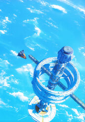 Rule 34 | above clouds, blue theme, cloud, day, dofresh, from above, highres, no humans, outdoors, perspective, planet, scenery, science fiction, singularity&#039;s children, space, space station, spacecraft, zero gravity
