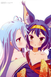Rule 34 | 10s, 2girls, :o, absurdres, animal ear fluff, animal ears, bare shoulders, blue hair, blush, brown eyes, chestnut mouth, fox ears, fox tail, hand on another&#039;s shoulder, hatsuse izuna, headband, highres, japanese clothes, long hair, multicolored hair, multiple girls, no game no life, off shoulder, official art, oodate kouji, ooya kouji, puckered lips, scan, school uniform, serafuku, shiro (no game no life), strap slip, tail
