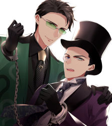 Rule 34 | 2boys, :o, araragi soushi, batman (series), black gloves, black headwear, blue eyes, dc comics, edward nygma, gloves, gotham (series), green-tinted eyewear, green suit, hand on shoulder, highres, looking at viewer, male focus, monocle, multiple boys, necktie, open mouth, oswald chesterfield cobblepot, purple suit, simple background, smile, suit, tinted eyewear, upper body, white background