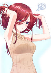Rule 34 | 1girl, adjusting hair, armpits, arms up, blue background, blue eyes, blush, brown sweater, duplicate, ganko-chan (shashaneko123), go-toubun no hanayome, hair between eyes, hands in hair, highres, holding, holding own hair, long hair, mole, mole on armpit, nakano miku, parted lips, red hair, ribbed sweater, scribble, simple background, sleeveless, sleeveless sweater, solo, sweater, upper body