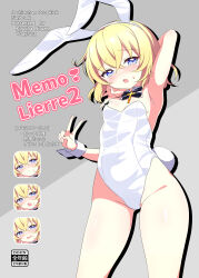 1girl absurdres animal_ears bare_legs black_bow black_bowtie blonde_hair blue_eyes blush bow bowtie commentary_request contrapposto detached_collar expressions grey_background hair_between_eyes highres jashin-chan_dropkick leotard lierre looking_at_viewer nose_blush playboy_bunny rabbit_ears rabbit_tail short_hair solo tail two-tone_background v white_leotard wrist_cuffs ydayluca