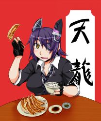 Rule 34 | 10s, 1girl, blush, breasts, chopsticks, cleavage, dumpling, eating, eyepatch, female focus, food, gloves, headgear, highres, jiaozi, kantai collection, large breasts, looking at viewer, name connection, necktie, object namesake, purple hair, rice, school uniform, shigeru (shigel marv), short hair, simple background, solo, tenryuu (kancolle), yellow eyes