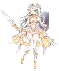 Rule 34 | 1girl, armor, blush, breasts, cleavage, elbow gloves, full body, garter straps, gloves, holding, holding shield, holding sword, holding weapon, large breasts, long hair, looking at viewer, open mouth, original, pingo, shield, silver hair, solo, sword, thighhighs, weapon, white gloves, white thighhighs