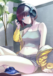 Rule 34 | 1girl, against wall, arm at side, bare legs, bare shoulders, black hair, blue eyes, blue footwear, blunt bangs, bob cut, breasts, camisole, closed mouth, collarbone, commentary request, gradient hair, grey shorts, headphones, highres, indoors, jacket, long sleeves, looking at viewer, medium breasts, multicolored hair, navel, off shoulder, on floor, open clothes, open jacket, original, pale skin, plant, potted plant, purple hair, shimotsuki eight, short hair, short shorts, shorts, sitting, smile, solo, thighs, yellow jacket