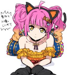 Rule 34 | 1girl, ahoge, alternate hairstyle, animal ears, animal hands, bare shoulders, bat ornament, black gloves, blue skirt, blunt bangs, blunt ends, bow, candy hair ornament, cat ears, cat tail, choker, collarbone, commentary request, expressionless, fake animal ears, fake tail, food-themed hair ornament, frilled shirt, frilled skirt, frills, ghost hair ornament, gloves, gradient hair, hair ornament, highres, looking at viewer, love live!, love live! nijigasaki high school idol club, lying, medium hair, multicolored clothes, multicolored hair, multicolored skirt, on stomach, orange hair, orange shirt, paw gloves, pink hair, red bow, shirt, skirt, solo, strapless, strapless shirt, tail, tennoji rina, translation request, twintails, wavy hair, white background, yanekawara, yellow eyes