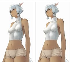 Rule 34 | 10s, 1girl, animal ears, bare shoulders, blue eyes, breasts, cat ears, cat girl, cat tail, comparison, covered erect nipples, crotch, facial mark, final fantasy, final fantasy xiv, from below, groin, impossible clothes, impossible shirt, makimura shunsuke, medium breasts, midriff, miqo&#039;te, navel, shirt, short hair, shorts, skin tight, smile, solo, square enix, standing, stereogram, tail, white background, white hair, y&#039;shtola rhul