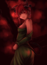 Rule 34 | 1girl, animal ears, bad id, bad pixiv id, bare shoulders, braid, cat ears, cat girl, cat tail, dress, female focus, kaenbyou rin, kirieppa, looking at viewer, off shoulder, red eyes, red hair, ribbon, smile, solo, tail, touhou, twin braids