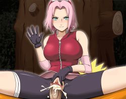 Rule 34 | 1girl, bare shoulders, blonde hair, blush, breasts, circle anco, clitoris, clothed sex, cum, cum in pussy, ejaculation, girl on top, gloves, green eyes, haruno sakura, headband, highres, large breasts, leather, leather gloves, looking at viewer, lying, naruto, naruto (series), naughty face, ninja, no panties, penis, pink hair, pussy, reverse cowgirl position, sex, sex from behind, short hair, shorts, sitting, sitting on person, smile, spread legs, spread pussy, straddling, torn clothes, torn shorts, tree, uncensored, uzumaki naruto, vaginal