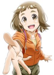 Rule 34 | 1girl, :d, absurdres, brown hair, brown pants, coat, cropped legs, crying, crying with eyes open, foreshortening, greonin, highres, long sleeves, looking at viewer, open mouth, orange coat, outstretched hand, pants, short hair, smile, solo, sora yori mo tooi basho, standing, tamaki mari, tears, thick eyebrows, white background, zipper