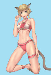 Rule 34 | 1girl, absurdres, animal ear fluff, animal ears, arm at side, adventurer (ff11), bare arms, bare shoulders, bikini, blonde hair, blue eyes, breasts, brown tail, cactus41747280, cat ears, cat girl, cat tail, choker, collarbone, final fantasy, final fantasy xi, fingernails, hair tubes, halterneck, hand up, highres, kneeling, light blue background, looking at viewer, medium breasts, midriff, mithra (ff11), nail polish, navel, no eyebrows, open mouth, pink bikini, pink choker, pink nails, short hair, smile, swimsuit, tail, two-tone bikini, two-tone choker, white bikini, white choker