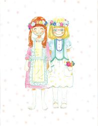 Rule 34 | 2girls, apron, aqua flower, aqua rose, arms at sides, barefoot, blonde hair, blue dress, blue flower, blunt bangs, blush stickers, bob cut, brown hair, buttons, clenched hand, collarbone, colorful, dot nose, dress, facing viewer, flat chest, flower, frilled apron, frilled sleeves, frills, full body, glasses, green eyes, happy, head wreath, highres, holding hands, interlocked fingers, kawamoto hinata, leaf, leggings, long sleeves, looking at viewer, multiple girls, orange flower, orange rose, pastel colors, pink dress, pink flower, pink rose, plaid, plaid apron, plaid dress, polka dot, polka dot background, puffy short sleeves, puffy sleeves, red-framed eyewear, rose, sakura chiho, sangatsu no lion, short sleeves, side-by-side, simple background, skirt, smile, standing, suspender skirt, suspenders, toenails, twintails, umino chika, white background, white flower, white rose, wrist flower, yellow flower, yellow rose