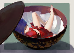 Rule 34 | absurdres, bowl, closed eyes, hand on own stomach, highres, in bowl, in container, japanese clothes, k izumi (1zumi), kimono, lying, mini person, minigirl, no shoes, purple hair, short hair, sleeping, sukuna shinmyoumaru, touhou