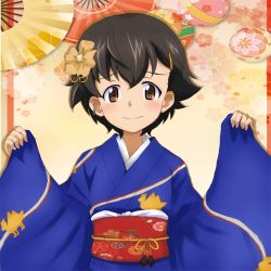 Rule 34 | 1girl, alternate costume, blue kimono, blush, brown eyes, brown hair, closed mouth, commentary, earrings, floral background, floral print, flower, girls und panzer, hair flower, hair ornament, hairclip, japanese clothes, jewelry, kayabakoro, kimono, light blush, long sleeves, looking at viewer, nakajima (girls und panzer), obi, orange flower, sash, short hair, smile, solo, upper body, w arms, wide sleeves