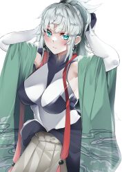 Rule 34 | 1girl, absurdres, black bodysuit, black kimono, blush, bodysuit, bodysuit under clothes, breasts, earrings, fate/grand order, fate/samurai remnant, fate (series), green eyes, green kimono, hakama, hakama skirt, highres, japanese clothes, jewelry, kimono, large breasts, len (hand linke), long hair, long sleeves, looking at viewer, ponytail, sidelocks, skirt, solo, two-tone bodysuit, white bodysuit, white hair, white hakama, wide sleeves, yui shousetsu (fate), yui shousetsu (first ascension) (fate)