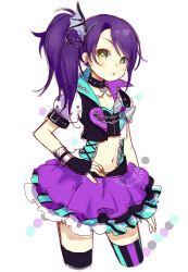 1girl clothing_cutout cowboy_shot fingerless_gloves gloves hand_on_own_hip jacket long_hair looking_at_viewer navel navel_cutout open_clothes open_jacket parted_lips pretty_series pripara puffy_short_sleeves puffy_sleeves purple_hair short_sleeves side_ponytail skirt solo thighhighs toudou_shion touyama_soboro yellow_eyes