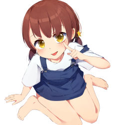 Rule 34 | 1girl, :p, akanbe, bad id, bad pixiv id, barefoot, blue dress, brown eyes, brown hair, dress, eyelid pull, from above, hoshizora ayase, knees together feet apart, long hair, looking at viewer, looking up, low twintails, original, shirt, short dress, simple background, sitting, smile, solo, tongue, tongue out, twintails, white background, white shirt