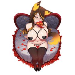 Rule 34 | 1girl, absurdres, animal ears, blush, box, breasts, brown hair, candy, chocolate, chocolate heart, fiery ears, flame-tipped tail, food, heart, heart-shaped box, heart maebari, heart pasties, highres, holding, holding chocolate, holding food, indie virtual youtuber, jewelry, large breasts, long hair, looking at viewer, maebari, multicolored hair, myth1carts, navel, orange eyes, orange hair, pasties, petals, sinder (vtuber), sitting, smile, solo, streaked hair, tail, thighhighs, valentine, virtual youtuber, wolf ears, wolf girl, wolf tail