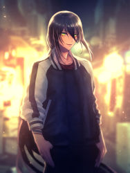 Rule 34 | 1boy, arm tattoo, backlighting, bishounen, black hair, black jacket, black pants, black shirt, blurry, blurry background, blurry foreground, casual, cowboy shot, fate/grand order, fate (series), floating hair, green eyes, hair between eyes, highres, jacket, light, light particles, long hair, long sleeves, looking at viewer, low ponytail, male focus, moe (hamhamham), night, night sky, open clothes, open jacket, pants, parted lips, ponytail, raglan sleeves, rope, shirt, sky, sleeves pushed up, smile, solo, standing, tattoo, thumb in pocket, very long hair, yan qing (fate)