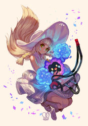 Rule 34 | 1girl, bag, blonde hair, blunt bangs, braid, closed mouth, commentary, cosmog, creatures (company), dress, english commentary, falling, floating hair, game freak, gen 7 pokemon, grey legwear, hat, highres, legendary pokemon, lillie (pokemon), long hair, looking at viewer, nintendo, pokemon, pokemon (creature), pokemon sm, sa-dui, shoes, signature, smile, socks, sun hat, sundress, white hat