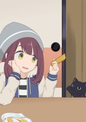 Rule 34 | 1girl, animal, brown hair, cat, commentary, food, gobanme no mayoi neko, green eyes, hat, head rest, highres, holding, holding food, hood, hoodie, indoors, shirt, striped clothes, striped shirt, toki ayano, yurucamp
