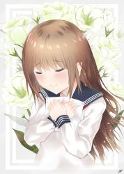 Rule 34 | 1girl, 7 calpis 7, black sailor collar, blush, breasts, brown hair, closed eyes, closed mouth, commentary request, cropped torso, crying, flower, grey background, highres, holding, holding paper, hugging object, long hair, long sleeves, medium breasts, original, paper, sailor collar, school uniform, serafuku, shirt, signature, smile, solo, tears, two-tone background, upper body, white background, white flower, white shirt