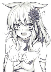 Rule 34 | 1girl, bad id, bad pixiv id, blush, breasts, cleavage, facial mark, fang, final fantasy, final fantasy xiv, flower, greyscale, hair flower, hair ornament, long hair, looking at viewer, medium breasts, miqo&#039;te, monochrome, mutsuba fumi, open mouth, paw pose, solo, upper body, whisker markings
