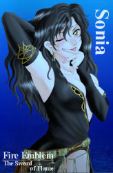 Rule 34 | 1girl, armpits, black hair, blush, breasts, character name, circlet, copyright name, detached sleeves, earrings, evil, female focus, fire emblem, fire emblem: the blazing blade, hissaa (starlight express), jewelry, long hair, nintendo, one eye closed, solo, sonia (fire emblem: the blazing blade), tongue, wink, yellow eyes
