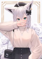 Rule 34 | 1girl, absurdres, ahoge, animal ear fluff, animal ears, bag, black skirt, braid, casual, commentary request, earrings, flower, fox ears, fox shadow puppet, fox tail, green eyes, hair between eyes, highres, hololive, hololive gamers, jewelry, long hair, long sleeves, looking at viewer, necklace, ring, rose, shirakami fubuki, shirt, shoulder bag, sidelocks, single braid, skirt, solo, starfox1015, tail, virtual youtuber, white flower, white hair, white rose, white shirt
