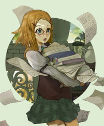 Rule 34 | 1girl, blue eyes, book, bookshelf, brown hair, carrying, face, female focus, flying paper, glasses, hair ornament, hairclip, open mouth, paper, plaid, school uniform, shirabi, skirt, solo